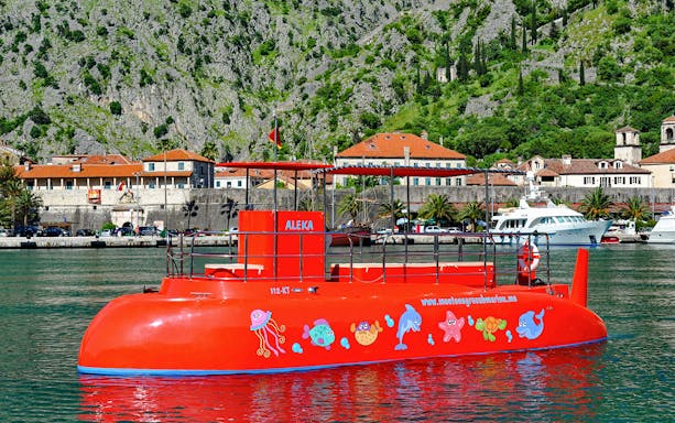 Speed boat cruising through Boka Bay with scenic views of Kotor's mountainous coastline.