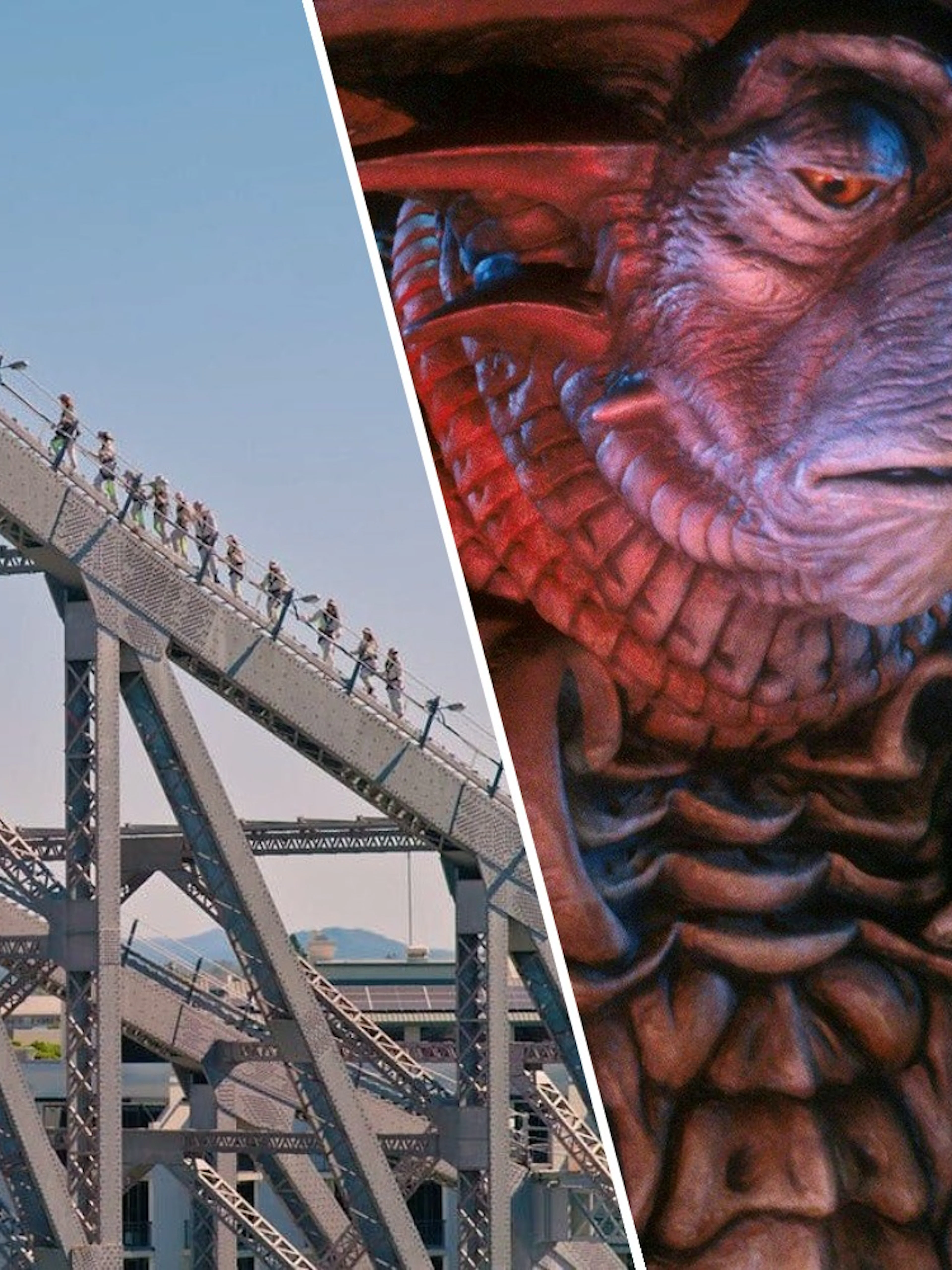 Climbers on Story Bridge in Brisbane; Jim Henson's creature characters.