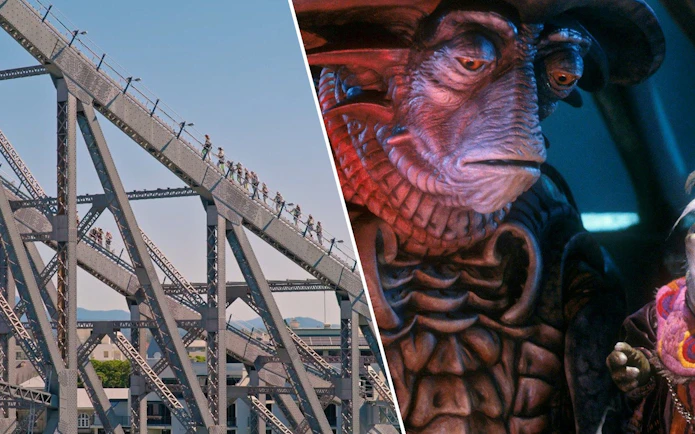 Climbers on Story Bridge in Brisbane; Jim Henson's creature characters.