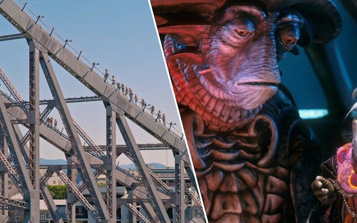 Climbers on Story Bridge in Brisbane; Jim Henson's creature characters.