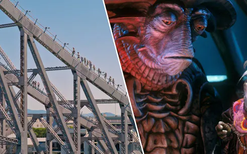 Climbers on Story Bridge in Brisbane; Jim Henson's creature characters.