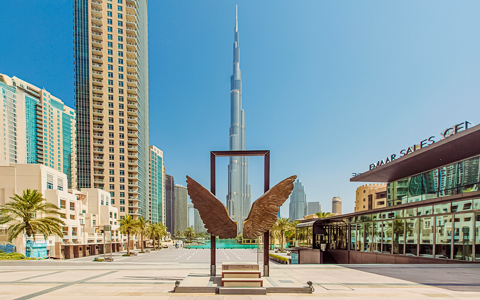 Wings of Mexico sculpture with Burj Khalifa in the background on Sheikh Mohammed bin Rashid Boulevard, Dubai.