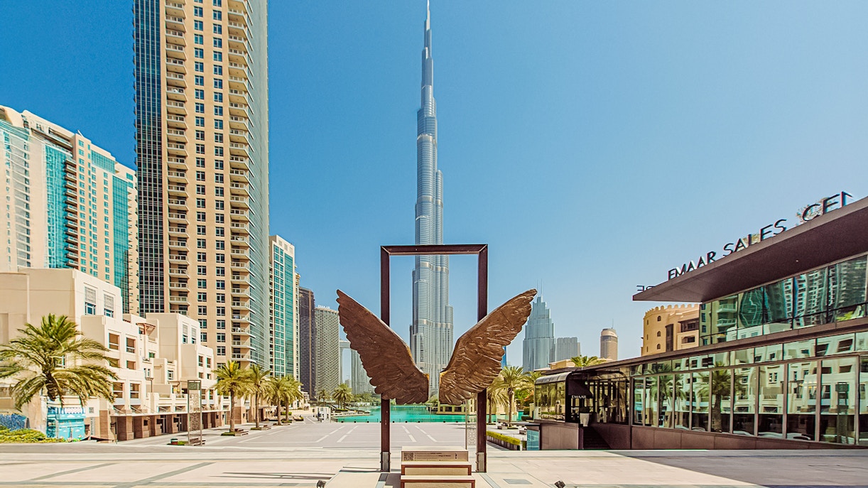 Wings of Mexico sculpture with Burj Khalifa in the background on Sheikh Mohammed bin Rashid Boulevard, Dubai.