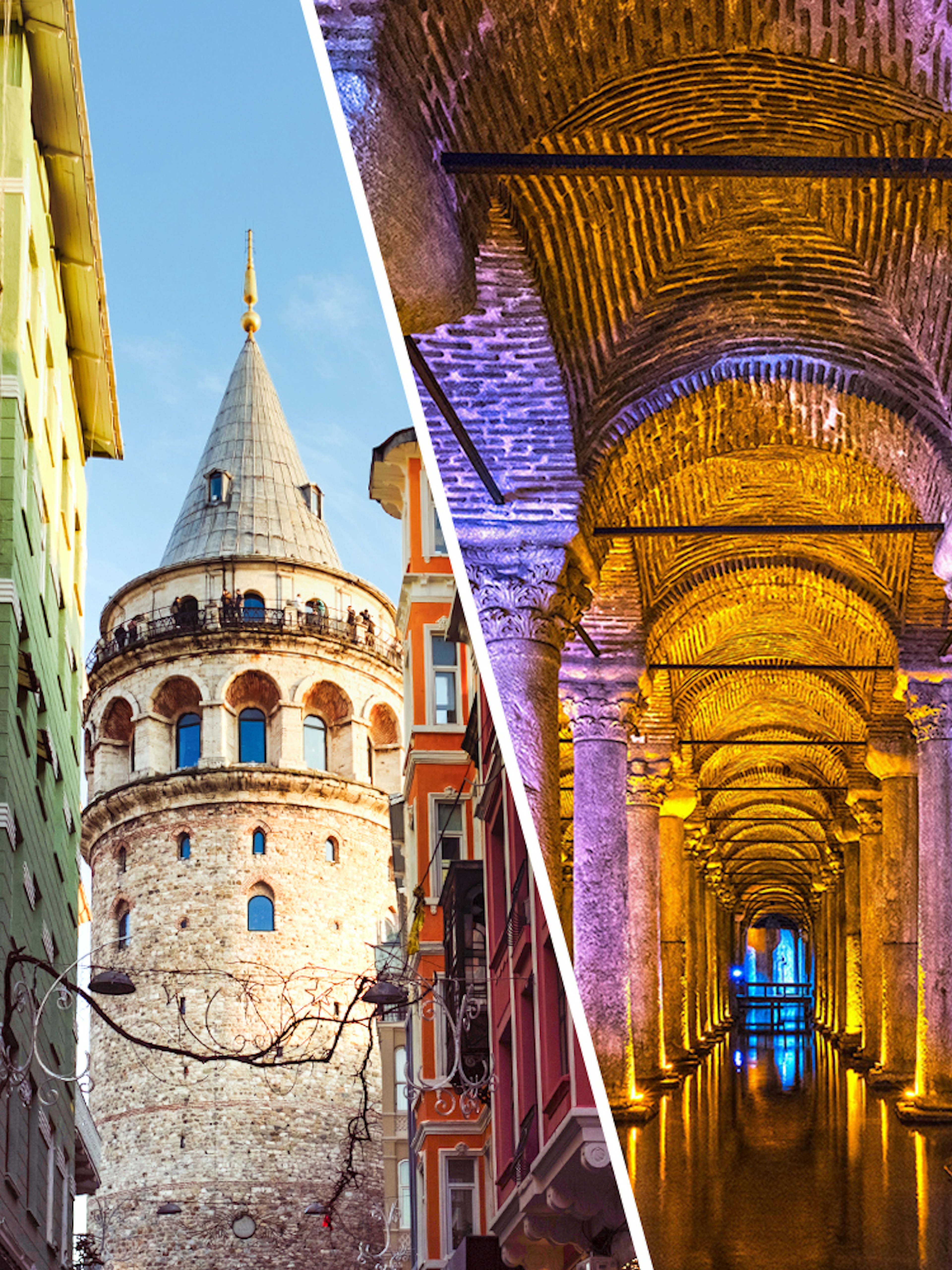 Galata Tower exterior and Basilica Cistern interior in Istanbul.