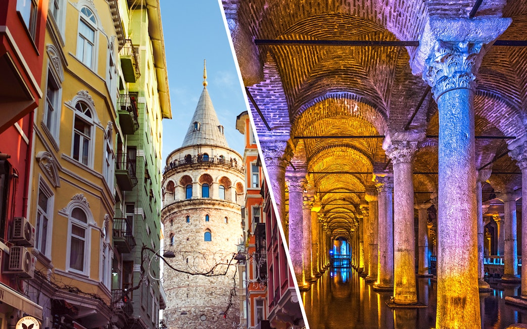 Galata Tower exterior and Basilica Cistern interior in Istanbul.