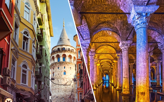 Galata Tower exterior and Basilica Cistern interior in Istanbul.