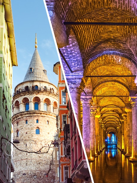 Galata Tower exterior and Basilica Cistern interior in Istanbul.