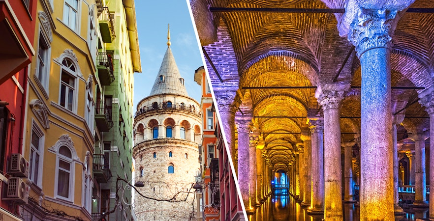 Galata Tower exterior and Basilica Cistern interior in Istanbul.