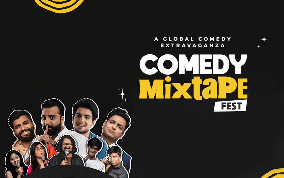 Comedy Mixtape Fest poster with comedians at Dubai World Trade Center.