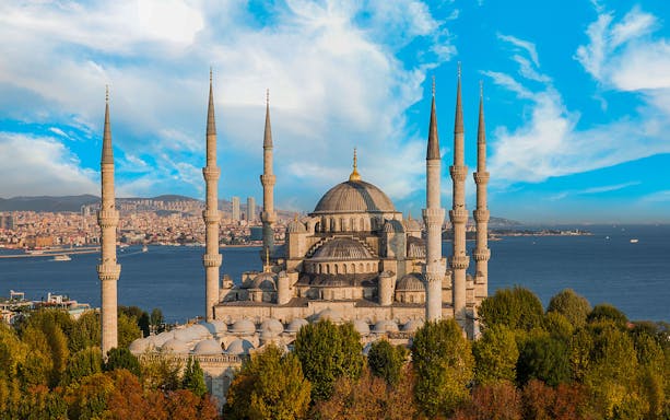 Blue Mosque with Bosphorus view in Istanbul, Turkey.
