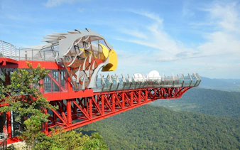 Langkawi SkyBridge with eagle-themed platform overlooking lush forest.