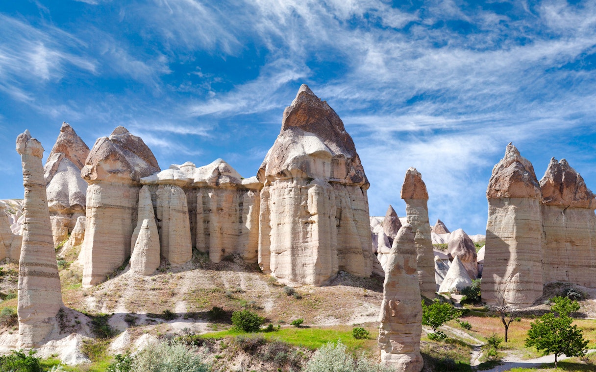 Fairy chimneys rock formations in Goreme Valley, Cappadocia.