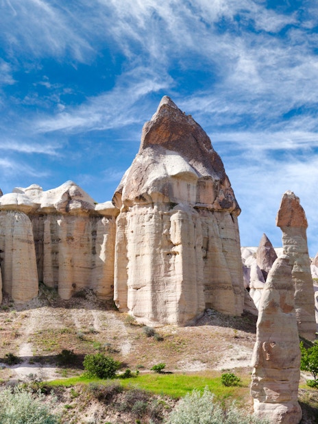 Fairy chimneys rock formations in Goreme Valley, Cappadocia.