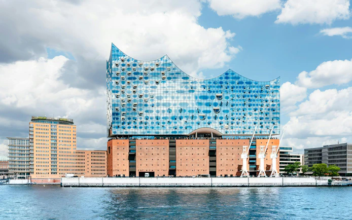 Elbphilharmonie view from water during Hamburg harbor cruise.