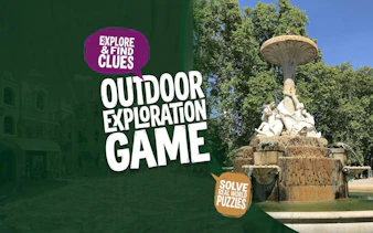 Fountain in Retiro Park, Madrid, featured in self-guided city exploration game.