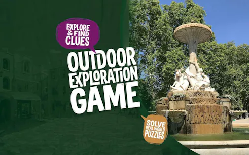 Fountain in Retiro Park, Madrid, featured in self-guided city exploration game.
