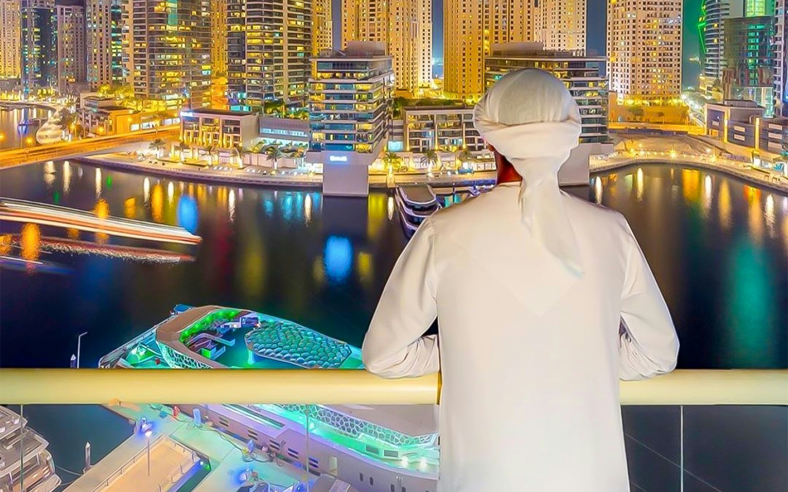 Dubai Marina skyline view from a mega yacht during a dinner cruise.