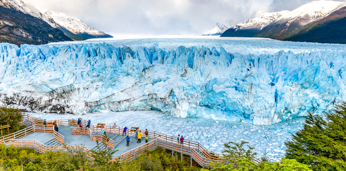 Visitors on viewing deck at Perito Moreno Glacier, Argentina.