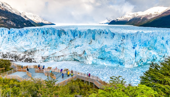 Visitors on viewing deck at Perito Moreno Glacier, Argentina.