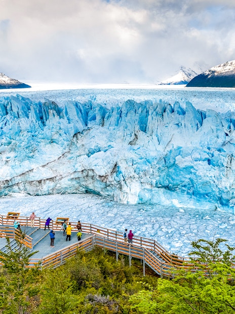 Visitors on viewing deck at Perito Moreno Glacier, Argentina.