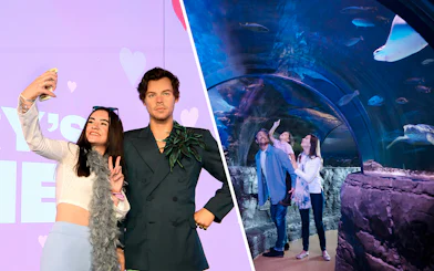 Madame Tussauds wax figure and family exploring SEA LIFE London Aquarium tunnel.