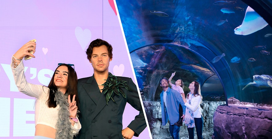 Madame Tussauds wax figure and family exploring SEA LIFE London Aquarium tunnel.