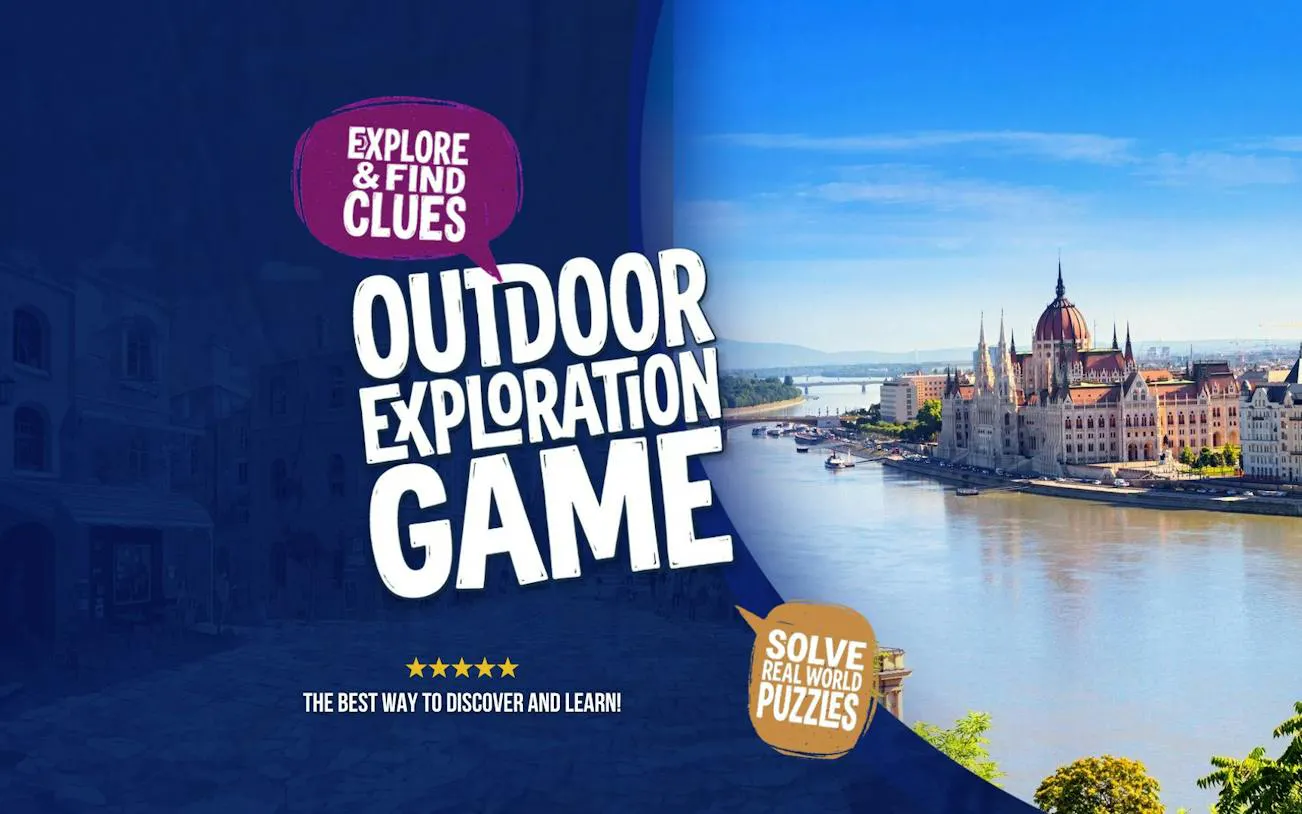 Outdoor exploration game in Budapest featuring the Parliament building along the Danube River.