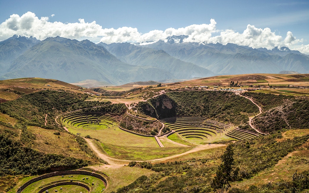 Moray archaeological site in Peru with circular terraces in the Sacred Valley.