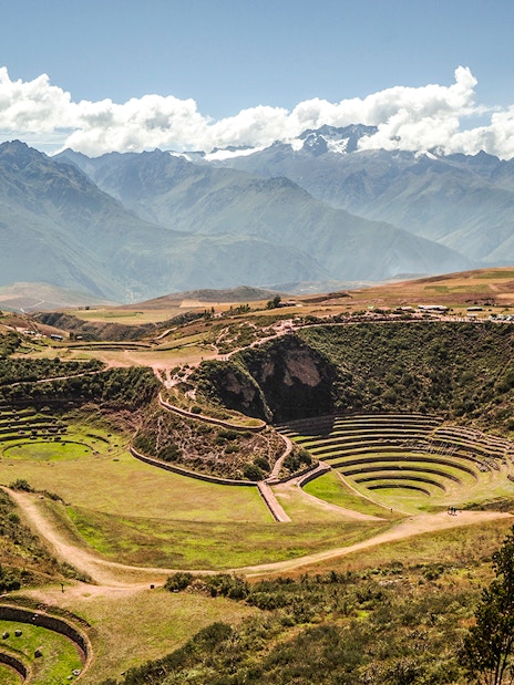 Moray archaeological site in Peru with circular terraces in the Sacred Valley.