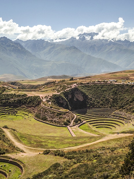 Moray archaeological site in Peru with circular terraces in the Sacred Valley.