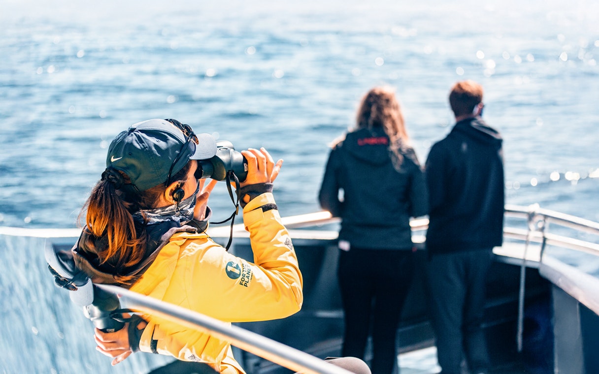 People on a boat during a whale watching tour, one using binoculars to view the ocean.
