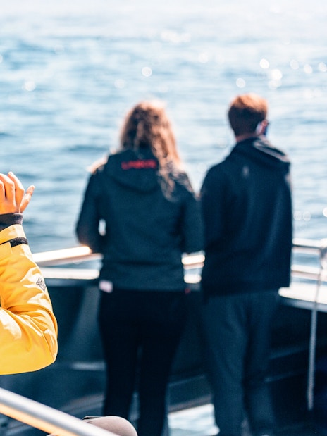 People on a boat during a whale watching tour, one using binoculars to view the ocean.