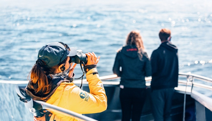 People on a boat during a whale watching tour, one using binoculars to view the ocean.