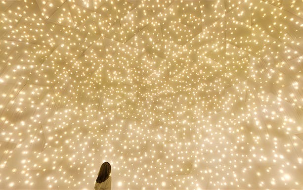 Person gazing at illuminated installation at TeamLab Phenomena Abu Dhabi.