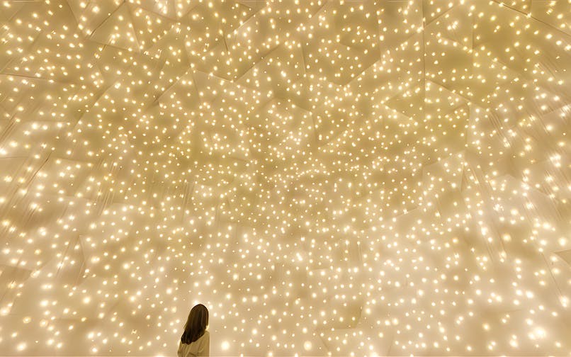 Person gazing at illuminated installation at TeamLab Phenomena Abu Dhabi.