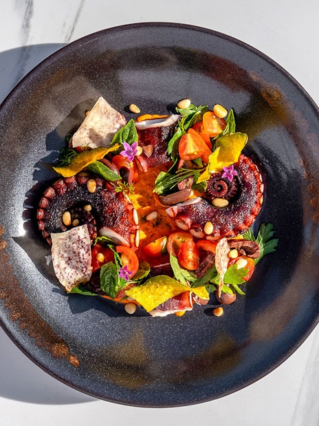Grilled octopus with cherry tomatoes and herbs at Yona Beach Club, Phuket.