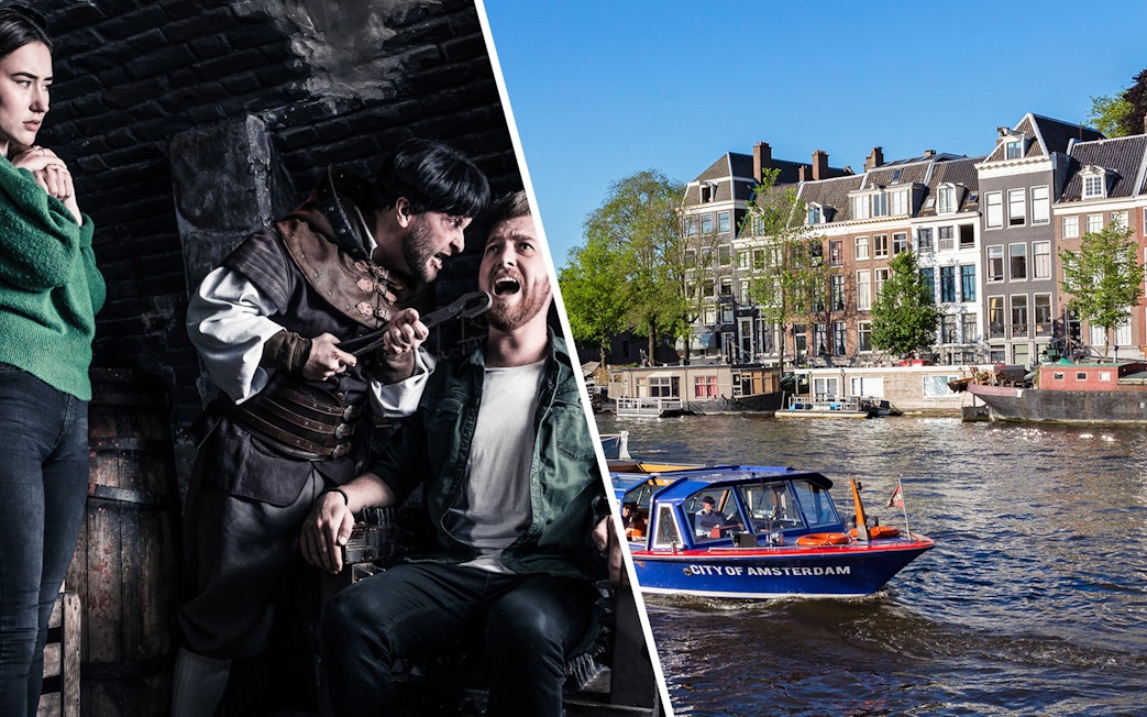 Amsterdam Dungeon actors in a dramatic scene; canal cruise boat on Amsterdam canal.