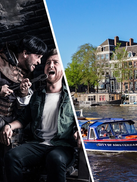 Amsterdam Dungeon actors in a dramatic scene; canal cruise boat on Amsterdam canal.