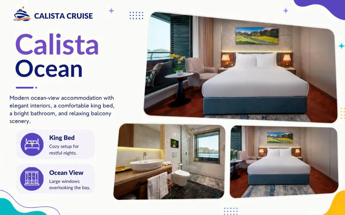 Luxury cruise room with king bed, ocean view, and modern bathroom on Ha Long Bay tour.