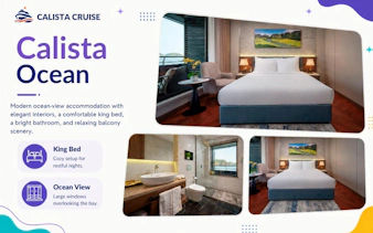 Luxury cruise room with king bed, ocean view, and modern bathroom on Ha Long Bay tour.