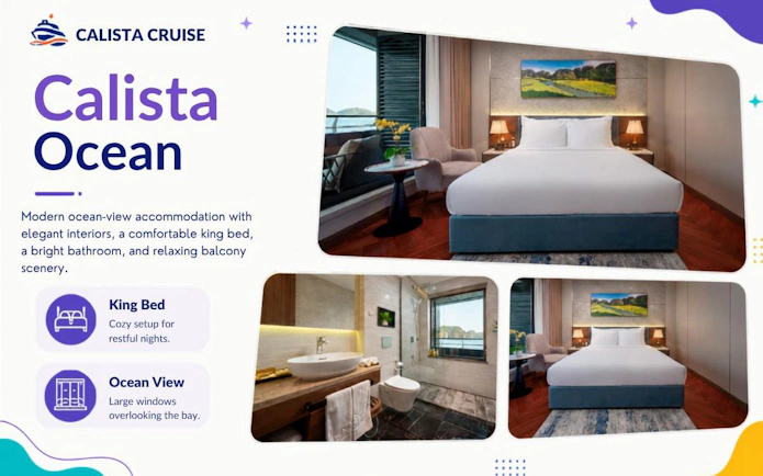 Luxury cruise room with king bed, ocean view, and modern bathroom on Ha Long Bay tour.