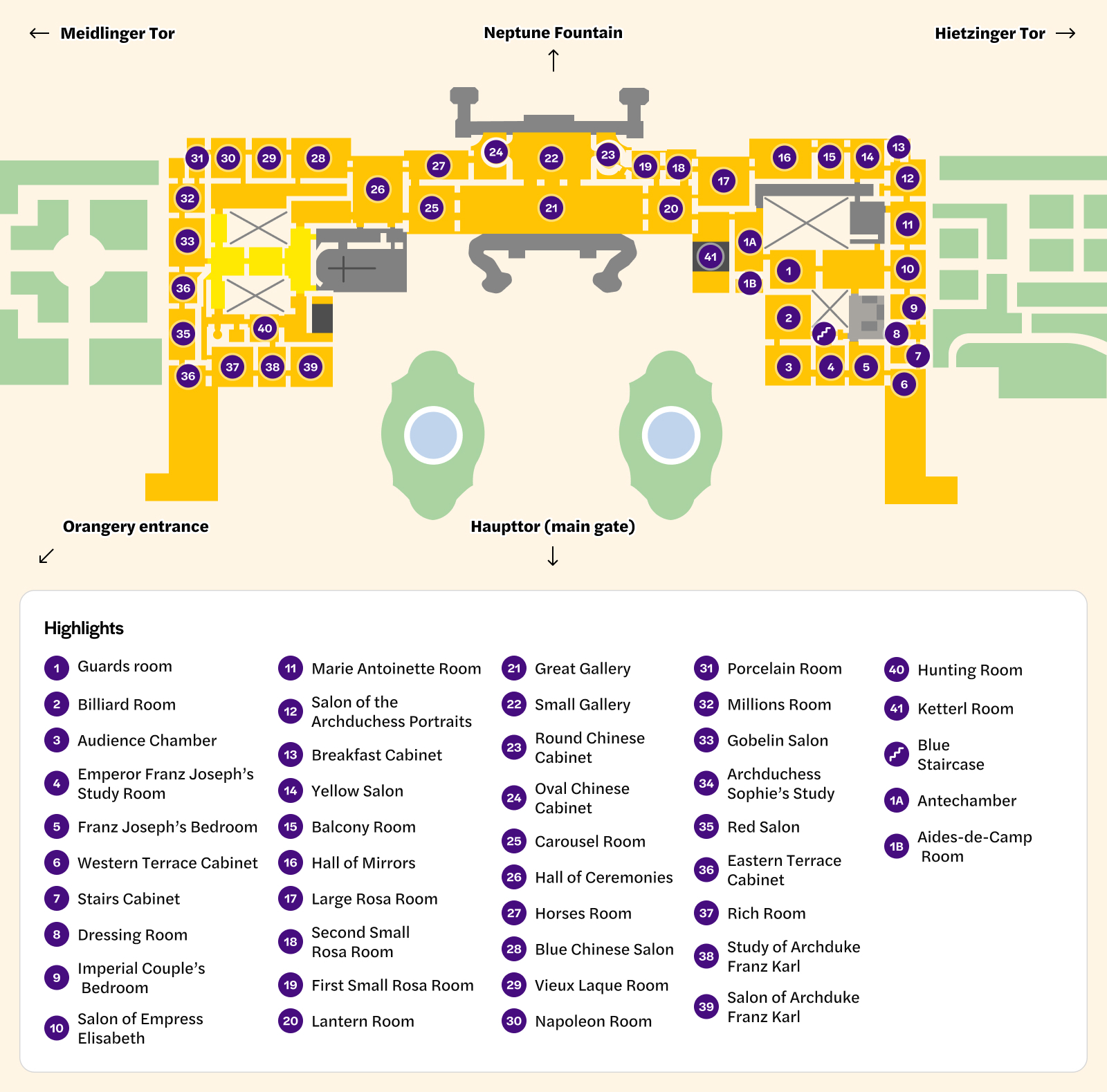 Floor plan of Schonbrunn Palace highlighting rooms like the Great Gallery and Hall of Mirrors.
