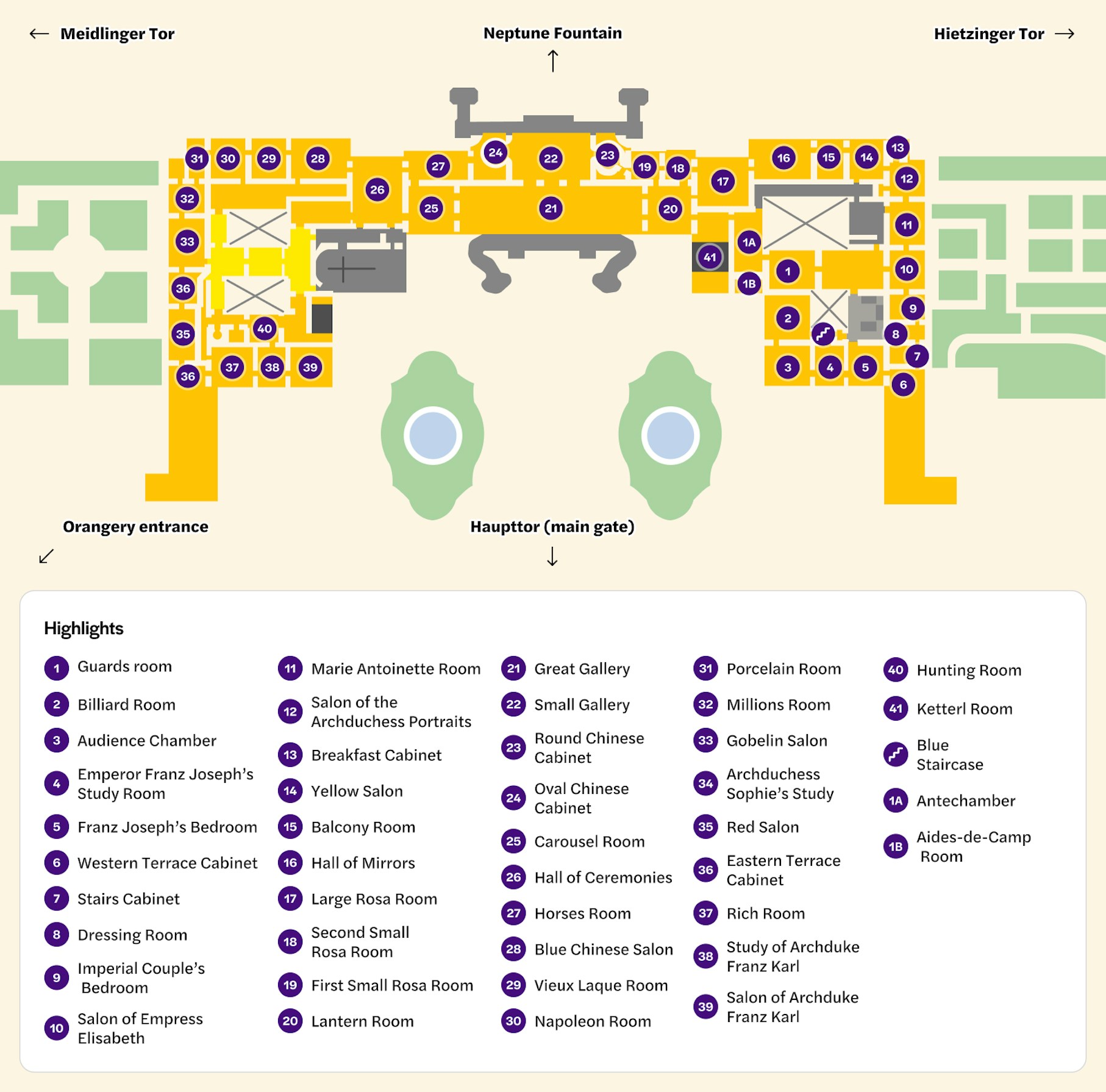 Floor plan of Schonbrunn Palace highlighting rooms like the Great Gallery and Hall of Mirrors.