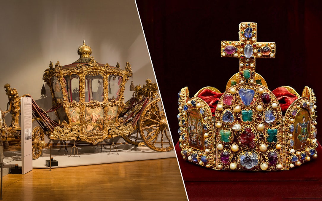 Imperial carriage and jeweled crown at Imperial Treasury Museum Vienna.