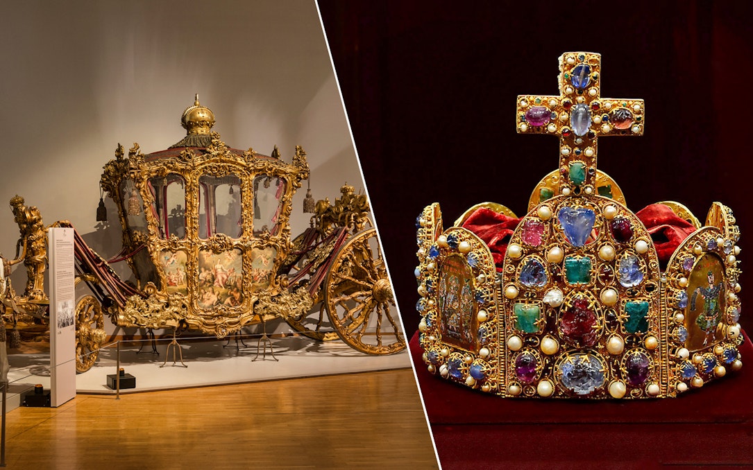 Imperial carriage and jeweled crown at Imperial Treasury Museum Vienna.