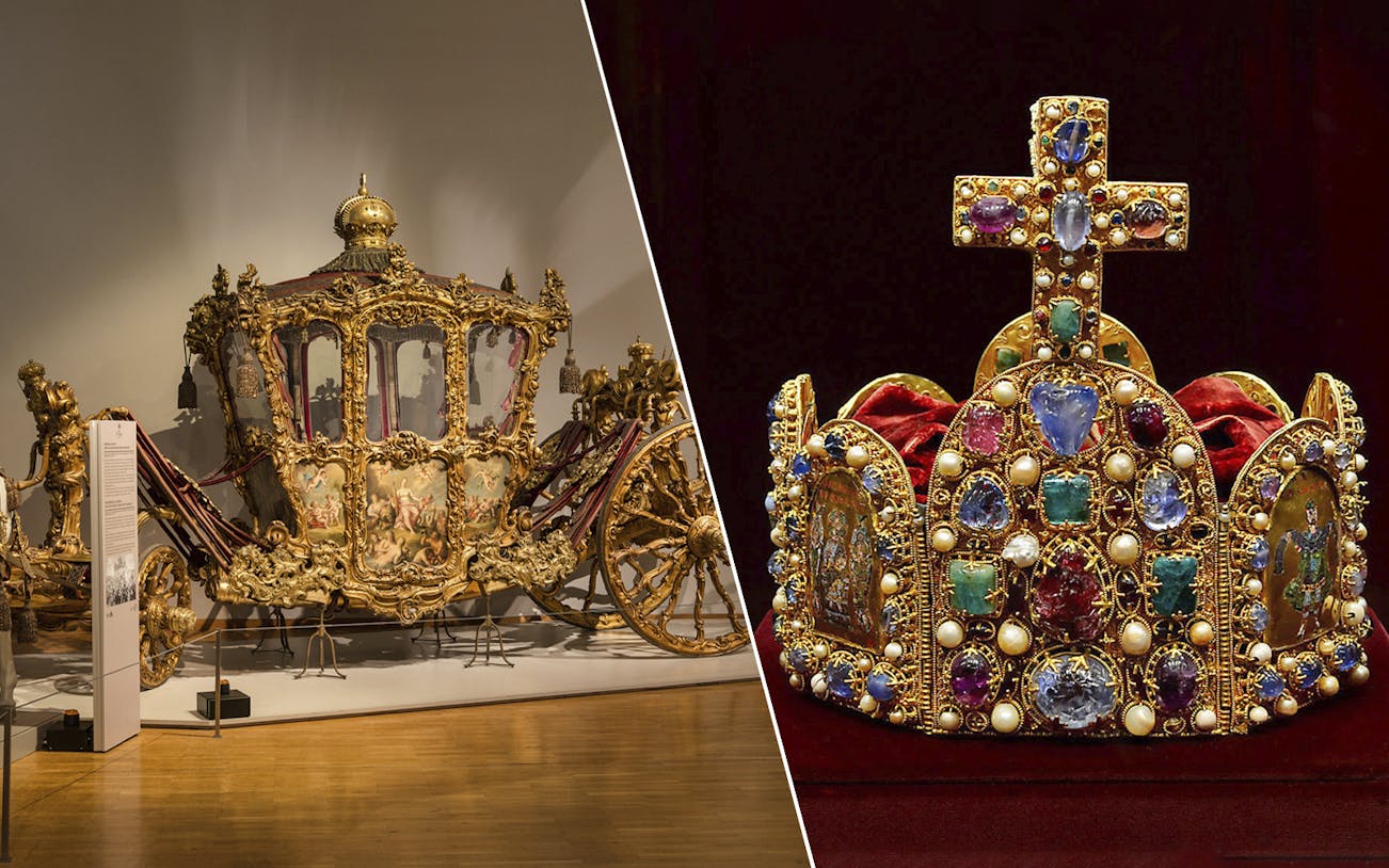 Imperial carriage and jeweled crown at Imperial Treasury Museum Vienna.