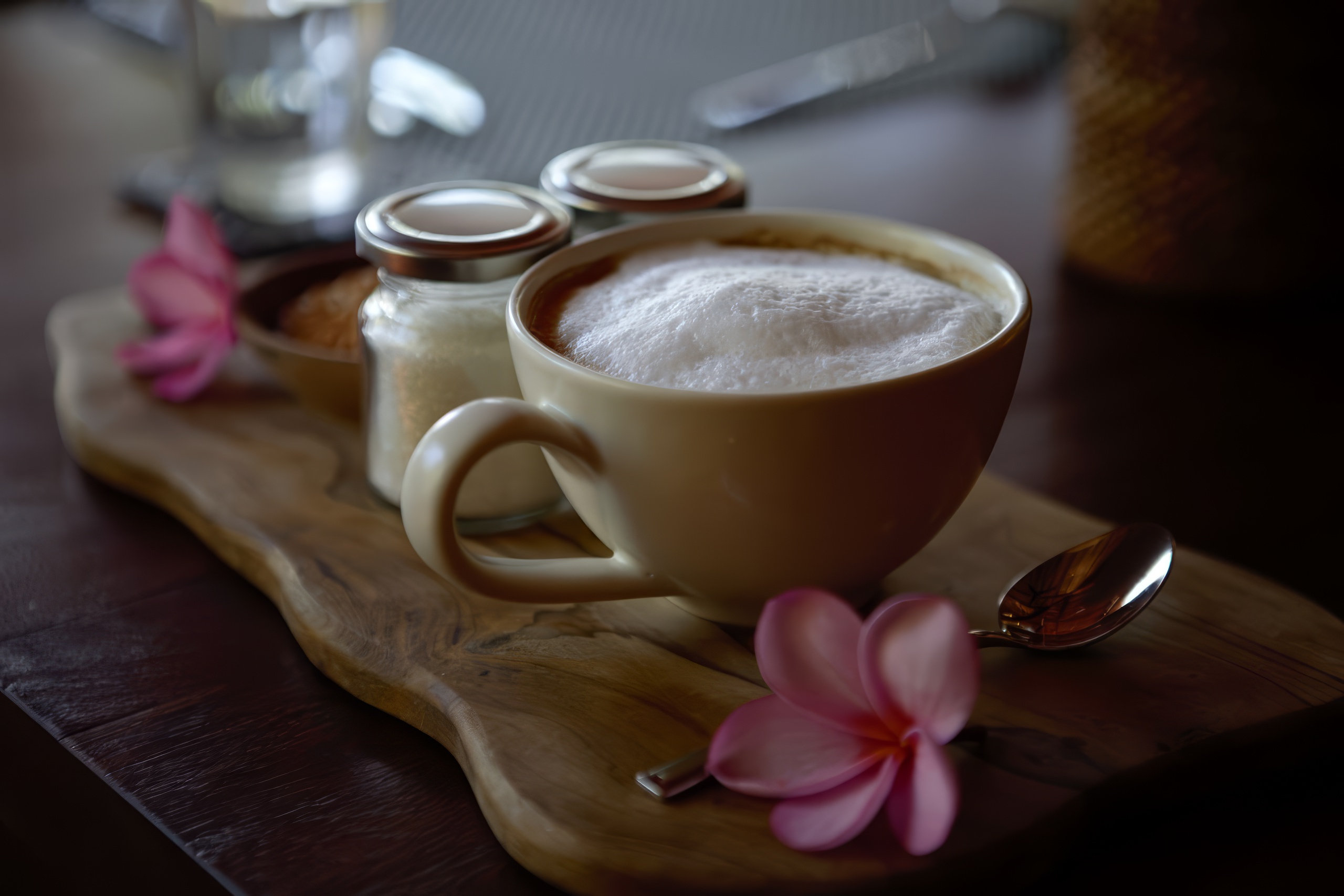 Coffee with foam on a wooden tray at Lombok Wildlife Park Elephant Bath Experience.
