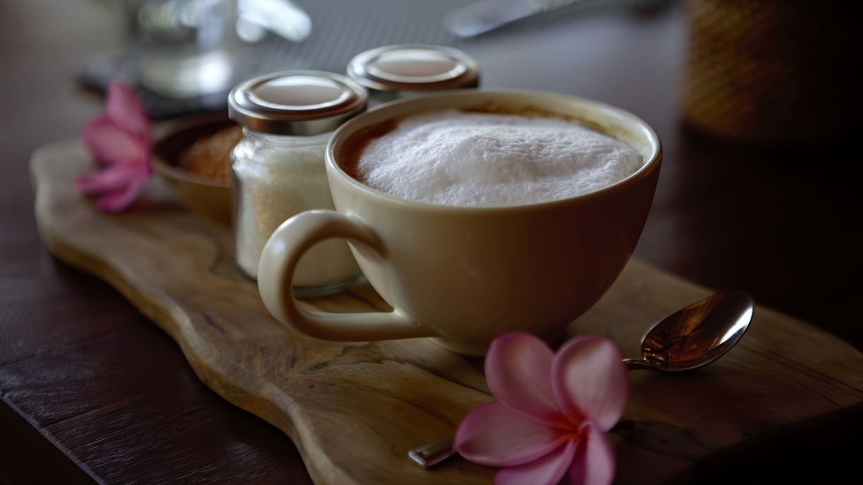Coffee with foam on a wooden tray at Lombok Wildlife Park Elephant Bath Experience.