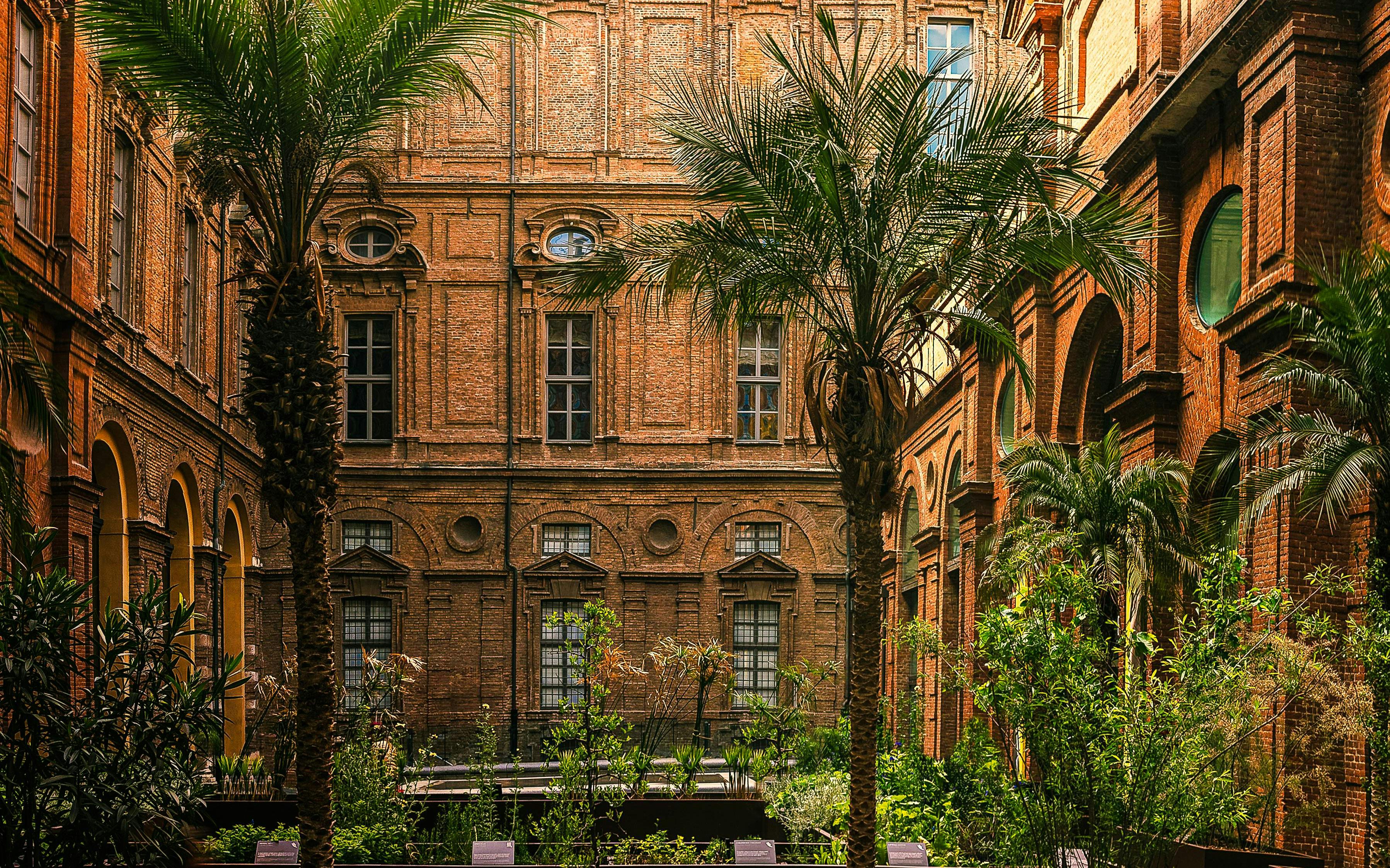 Egyptian Garden at the Egyptian Museum in Turin, Italy, with palm trees and historic architecture.