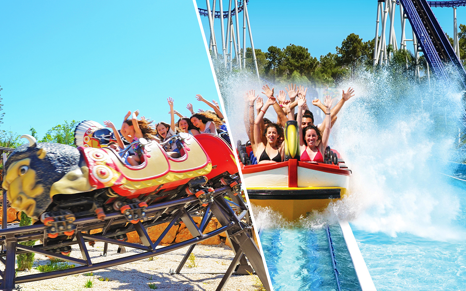 Roller coaster at Zoomarine Algarve and water ride splash at Aquashow Park.